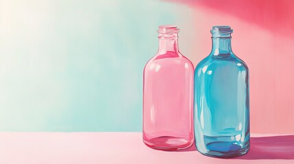 Two glass bottles, one painted in pink and the other in blue, isolated against a plain background.