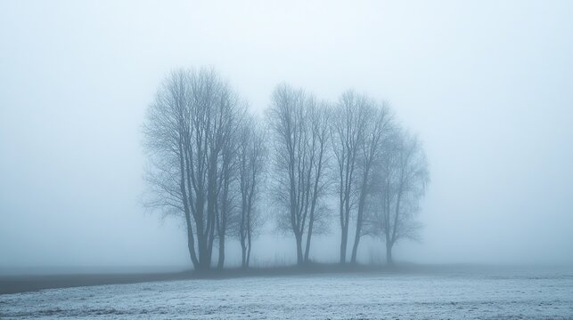 Trees shrouded in a misty haze on a gloomy winter day in Pasterka village, Poland.