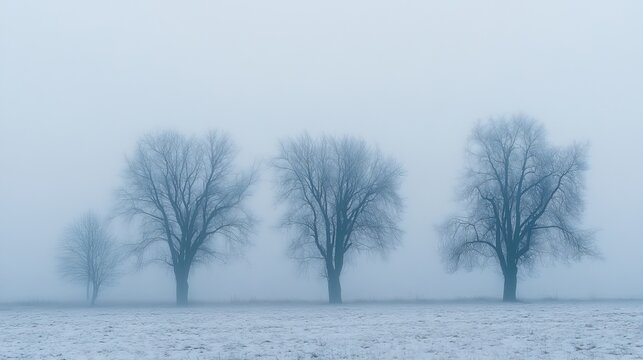 Trees shrouded in a misty haze on a gloomy winter day in Pasterka village, Poland.