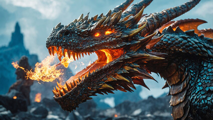 Obraz premium Enter a world where fire-breathing dragons and AI collide, merging metal and magic in epic fantasy