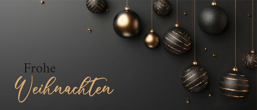 Frohe Weihnachten, Winter, Fest, Feier, Urlaub, Grußkarte, hängende gold schwarz Christbaumkugeln isoliert auf schwarz grau Hintergrund mit Text