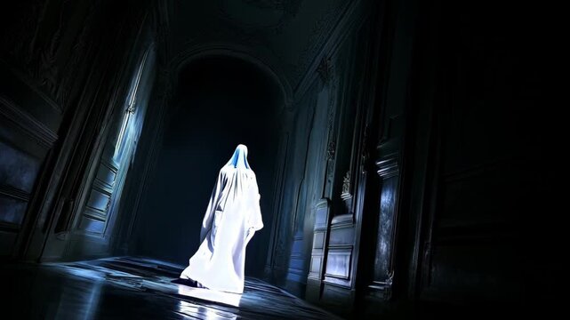 A ghostly figure draped in white garb stands in a dimly lit corridor, with faint light casting eerie shadows, creating a hauntingly mysterious atmosphere.