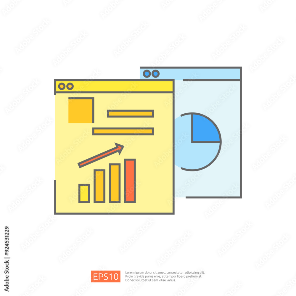 Poster colorful illustration of two browser windows, one displaying a graph and the other a pie chart, repr