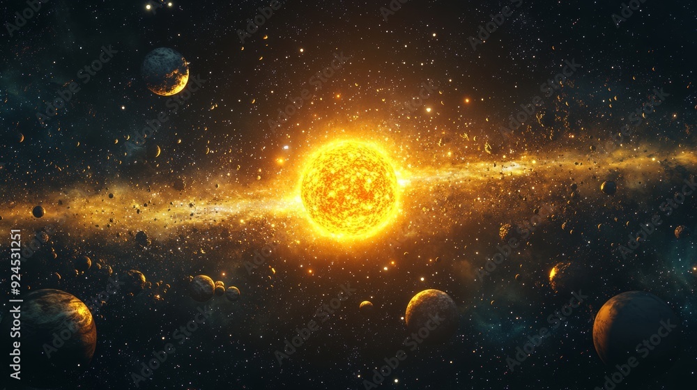 Canvas Prints solar system with planets and moons orbiting the sun, fantasy space background with swirling cosmic 