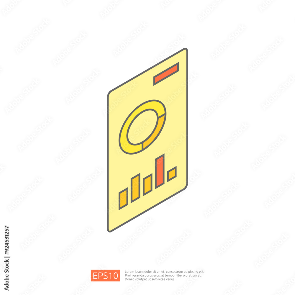 Poster isometric style illustration of a smartphone screen displaying a pie chart bar graph. this vector gr
