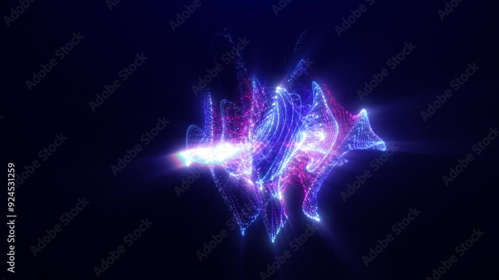 Poster abstract form of plasma from particles with light background, fluid plasma and waves of magical glow