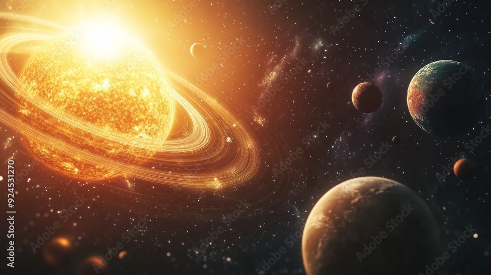 Canvas Prints solar system with planets and moons orbiting the sun, fantasy space background with swirling cosmic 