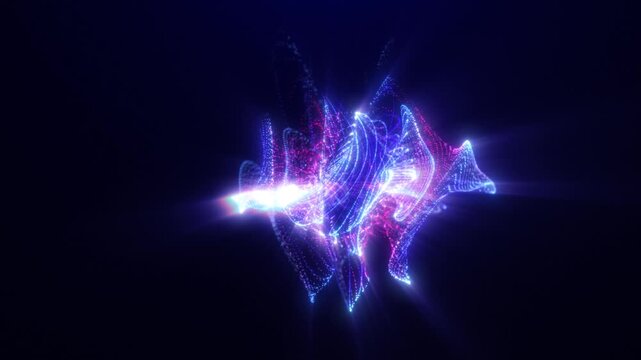 Abstract form of plasma from particles with light background, fluid plasma and waves of magical glowing on a dark background. particle energy, technology, science. Seamless loop