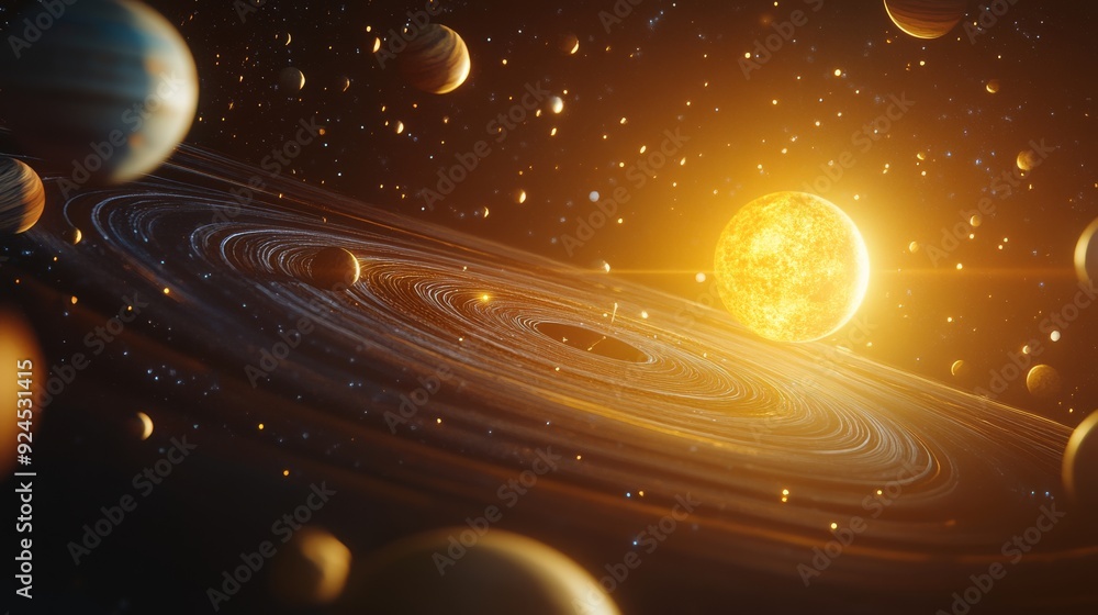 Canvas Prints solar system with planets and moons orbiting the sun, fantasy space background with swirling cosmic 