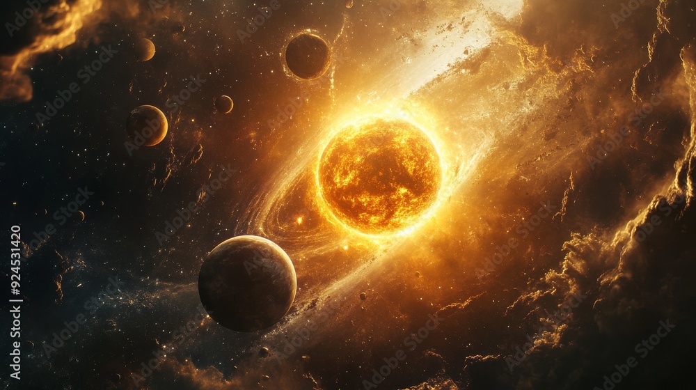 Wall mural solar system with planets and moons orbiting the sun, fantasy space background with swirling cosmic 