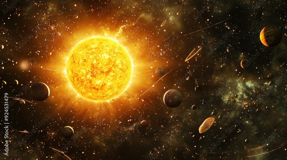 Canvas Prints solar system with planets and moons orbiting the sun, fantasy space background with swirling cosmic 