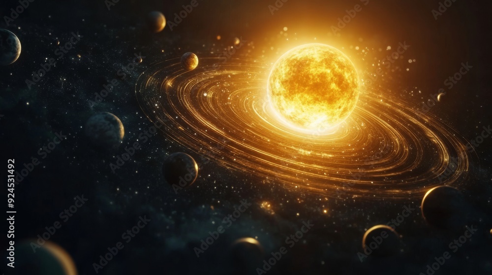 Wall mural Solar system with planets and moons orbiting the sun, fantasy space background with swirling cosmic patterns.