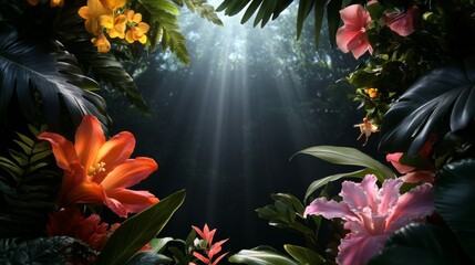 Obraz premium Magical garden, fairies playing, radiant flowers, enchanted forest backdrop