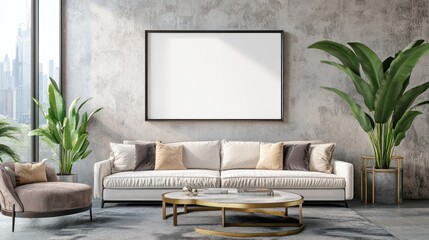 Modern Living Room with White Sofa, Coffee Table, and Plants