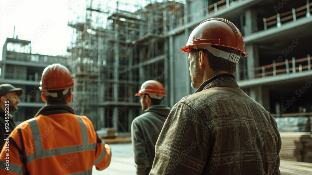 Poster site supervisor with a hard hat discussing progress with construction workers