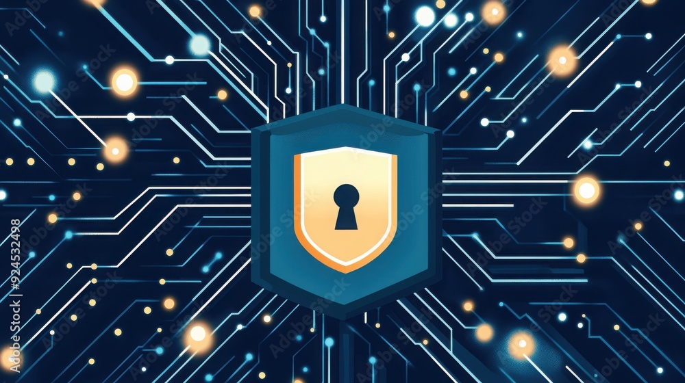 Poster a digital shield symbolizing cybersecurity, featuring a padlock and circuit lines, representing prot