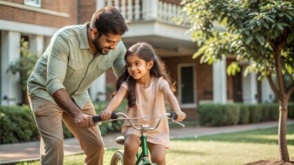 indian father teaching riding a cycle to his daughter