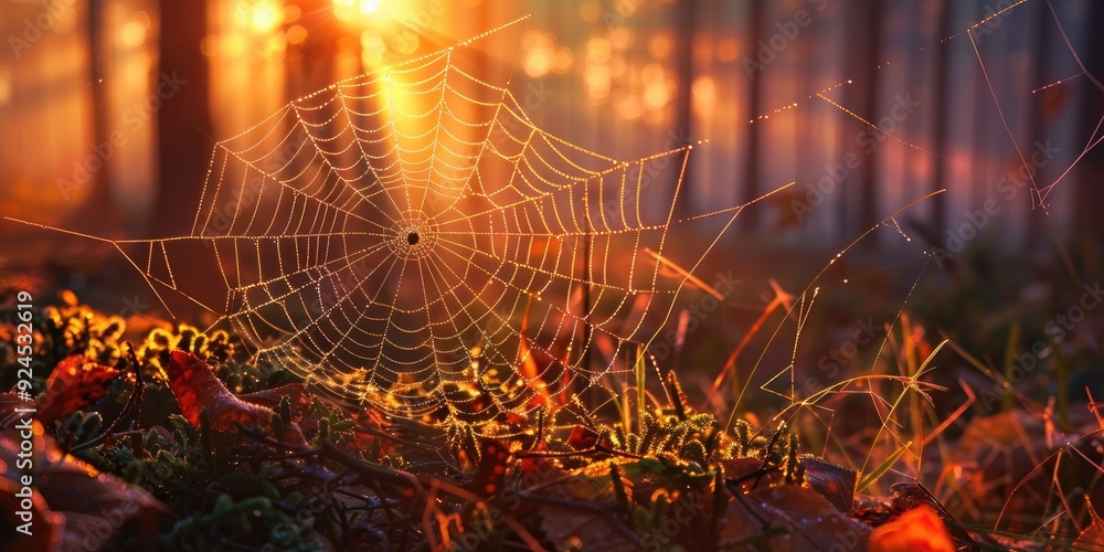 Poster spider web in the forest at dawn an insect trap woven by a beautiful spider resembling an intricate 