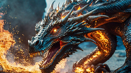 Obraz premium Enter a world where fire-breathing dragons and AI collide, merging metal and magic in epic fantasy