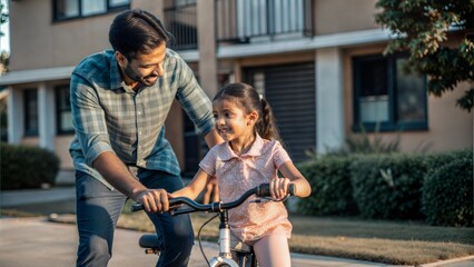 indian father teaching riding a cycle to his daughter