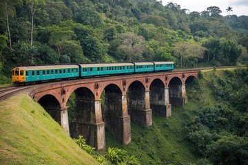 Obraz premium Train Journey Across Historic Bridge in Lush Jungle Forest Landscape
