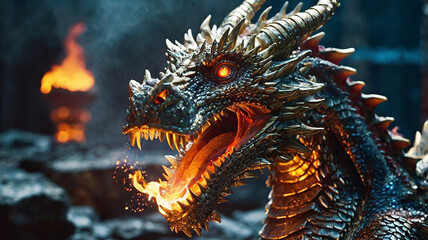 Obraz premium Enter a world where fire-breathing dragons and AI collide, merging metal and magic in epic fantasy