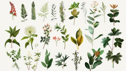 Botanical Illustrations of Various Plants and Flowers