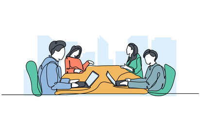Vector illustration of hold meeting together. Modern flat in continuous line style.