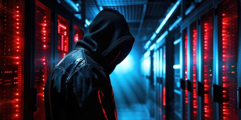 A black masked hacker infiltrates the server room s security Cyberattack infects computer servers in data center with DDoS virus Criminal steals data from the modern computer center s databa
