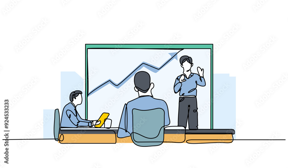 Poster vector illustration of is making a presentation. modern flat in continuous line style.