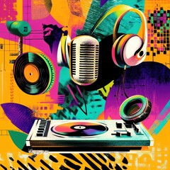 Vibrant collage of musical elements and abstract art.
