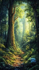 Obraz premium Sunlight pours through dense trees along a tranquil forest path covered with vibrant foliage