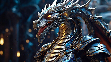 Fototapeta premium Enter a world where fire-breathing dragons and AI collide, merging metal and magic in epic fantasy