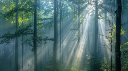 Fototapeta premium Soft beams of light break through the canopy, illuminating a tranquil forest landscape