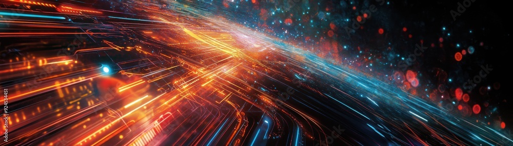 Poster abstract digital network with glowing lines and blurred lights
