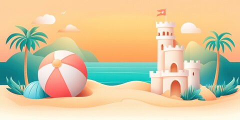 Obraz premium A vibrant beach scene featuring a colorful ball, a sandcastle, and lush palm trees against a sunset backdrop.