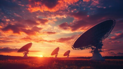 A panoramic view of the large satellite dishes at an evening spacecraft communication station, illuminated by sunset light and a dramatic sky.