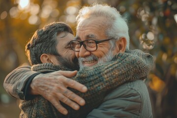 A heartwarming scene of intergenerational connection between an older man and a young man in a peaceful park