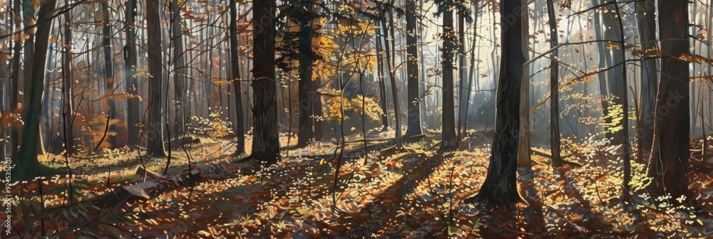 Poster autumn sunlight streams through the trees, creating a play of colors and shadows on the leafy forest