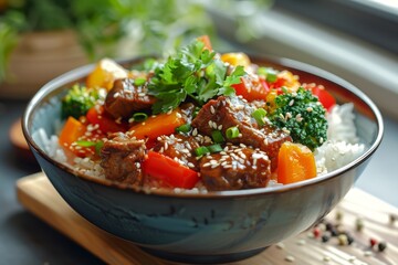 A colorful bowl of stir-fried beef and vegetables served over rice, garnished with herbs.