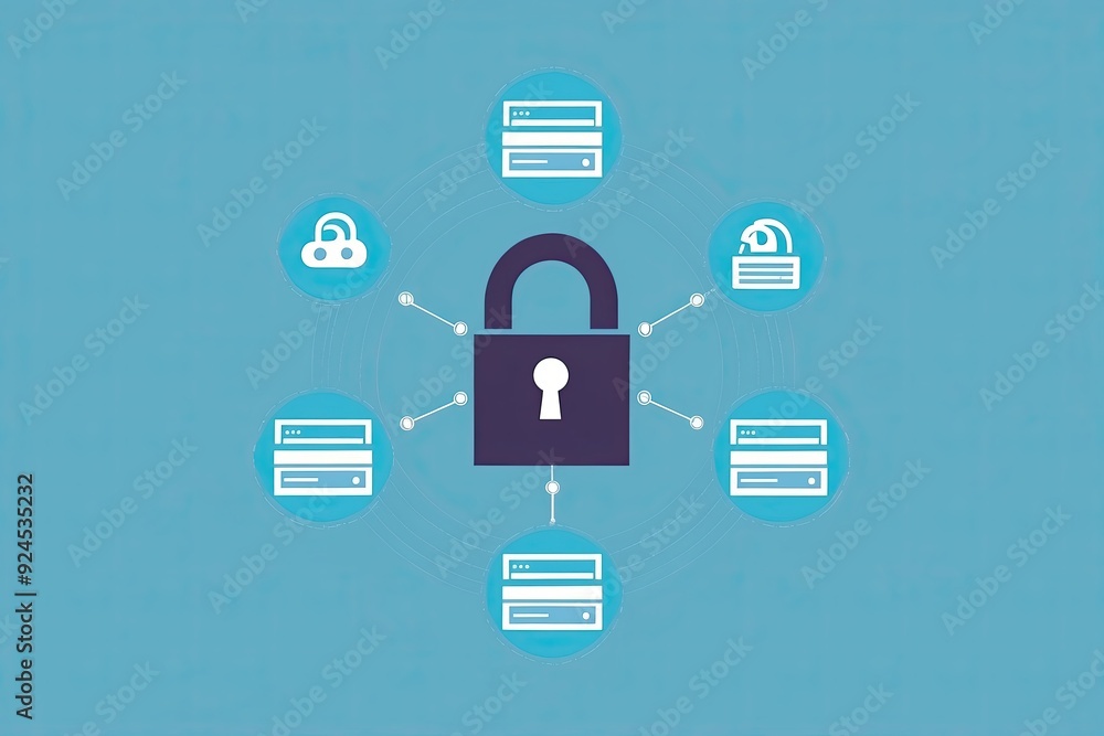 Poster cyber security concept visualization with padlock icon and data connections on light indigo backgrou