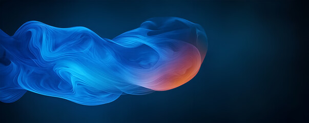 A swirling blend of blue and orange abstract shapes on a dark background.