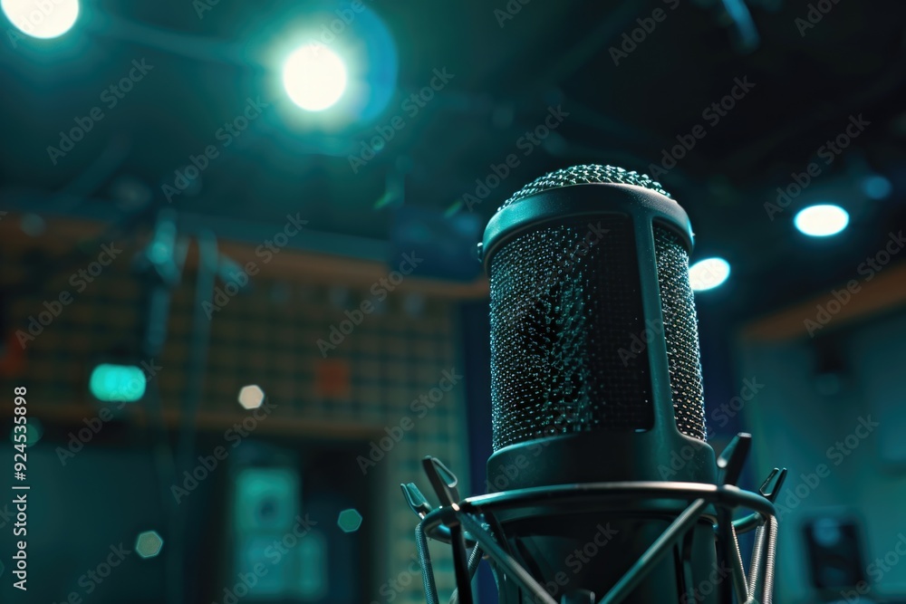 Poster A close-up of a microphone in a professional recording studio lit by bright lights