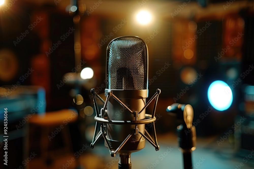 Poster A microphone in a recording studio with lights on