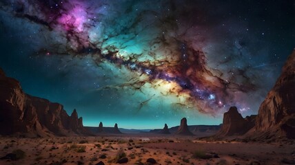 Cosmic landscape featuring vivid nebulas and rocky terrain at twilight