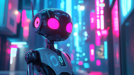 Futuristic robot with glowing pink eyes in a neon-lit cyberpunk city, advanced AI in a vibrant urban landscape