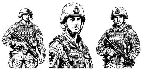 Fototapeta premium Fictional soldier character. Line art. Black and white illustration for use in graphics.
