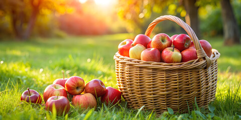 Basket filled with red apples against an autumn orchard backdrop