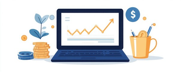 Fototapeta premium Illustration of financial growth with laptop, coins, plant, and cup. Perfect for business, finance, and investment themes.
