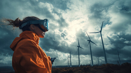 Fototapeta premium Woman in protective gear, with an orange jacket, inspecting wind turbines under ominous